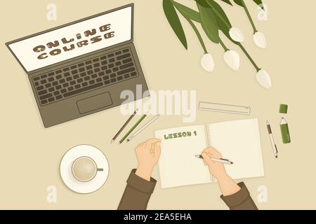 Open laptop, white green tulips, notebook for summary notes and cup of coffee are on table in room. Online educational course is shown on the screen. Stock Vector