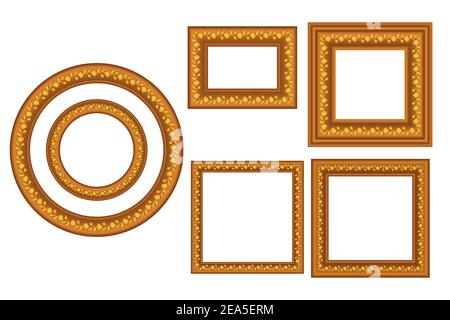 Big set of squared and round vintage wooden frame with floral ornament for your design. Vintage cover. Place for text. Vintage antique beautiful Stock Vector