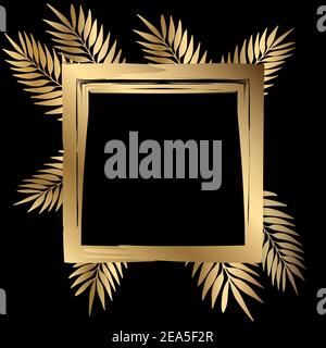 Floral golden squared frame with exotic branches on black background. Ornate border with tropic leaves. Vector stock illustration for wallpaper Stock Vector