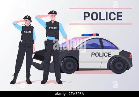 police officers in tactical gear riot policeman and policewoman standing together near car protesters and demonstration control concept full length horizontal vector illustration Stock Vector