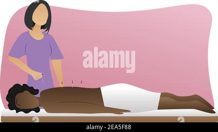 Black woman relaxes from acupuncture procedure. An acupuncturist doing acupuncture. Traditional chinese medicine. Stock Vector