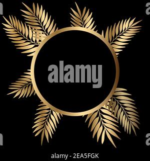 Floral golden round frame with exotic branches on black background. Ornate border with tropic leaves. Vector stock illustration for wallpaper, posters Stock Vector