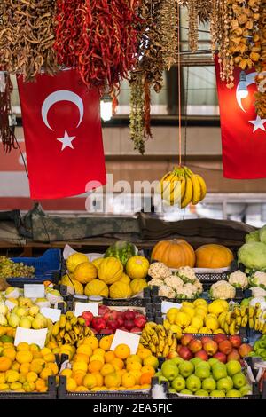 Variety of fresh fruits and vegetables at local market in Turkey Stock Photo