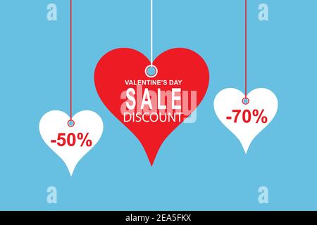 Valentines day sale concept with hanging hearts and text isolated on blue background. Vector illustration in flat style Stock Vector