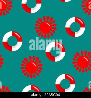 Seamless pattern wiht red and white lifebuoy and sun on blue background, summer symbol.Life Belt. Vector colorful flat illustration. Sea lifestyle Stock Vector