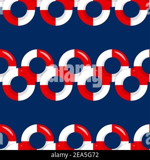 Seamless pattern wiht red and white lifebuoy on blue background, summer symbol. Life Preserver. Life Belt. Vector colorful flat illustration. Sea Stock Vector