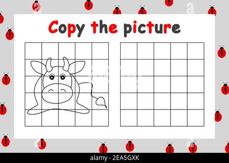 Copy the picture. Educational game for children. Outline bull. Drawing activity for kids. Black and white cartoon vector illustration. Adorable Stock Vector