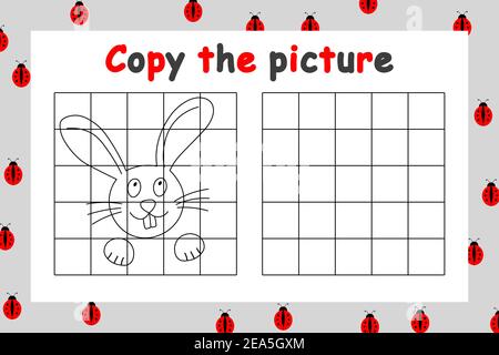 Copy the picture. Educational game for children. Cute rabbit. Drawing activity for kids. Black and white cartoon vector illustration. Stock Vector