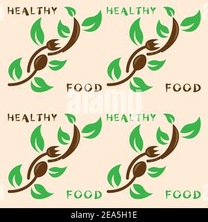 logo of healthy food in the form of a branch made of a spoon, fork, knife and green leaves 1 Stock Vector