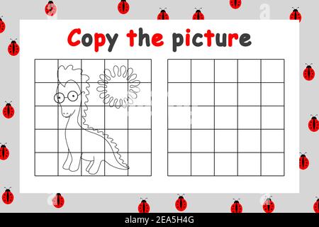 Copy the picture. Educational game for children. Cute dinosaur. Drawing activity for kids. Outline cartoon vector illustration. Stock Vector
