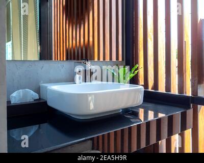 Modern white ceramic basin, stainless steel faucet, tissue paper box and green leaf on dark marble countertop with mirror near wooden wall partition i Stock Photo