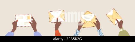 Female african hands holding envelopes. Correspondence and mail delivery concept. Post stamps and postcards. Vector illustration in flat cartoon style Stock Vector