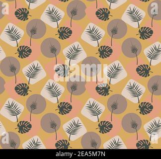 Background of tropical leaves seamless pattern with leaves and shapes Stock Vector