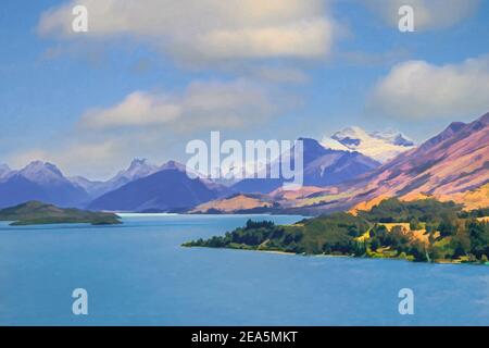 Digital painting of a view of snow-covered alps, across Lake Wakatipu, New Zealand. Stock Photo