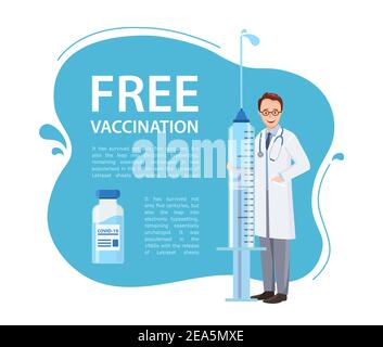 Poster or banner Free Vaccination campaign. Doctor holding large syringe and injection bottle. Concept Immunization schedule. Vector illustration in f Stock Vector