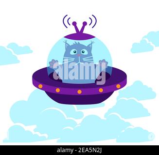 Space cat. frightened cat flies in a flying saucer above the clouds. Flying saucer. Flat design style. Isolated on white background. Cute cartoon char Stock Vector