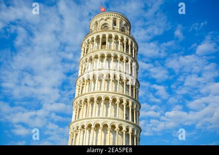 Close up of the top portion of the leaning tower of Pisa on the Piazza dei Miracoli in the Tuscany region of Italy
