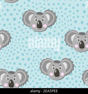 Vector flat animals colorful illustration for kids. Seamless pattern with cute koala face on blue polka dots background. Adorable cartoon character Stock Vector