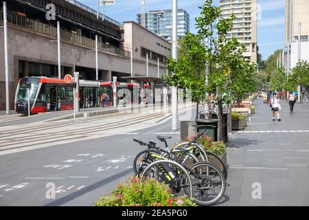 Circular Quay in Sydney city centre with light rail train at the station,Sydney,Australia Stock Photo