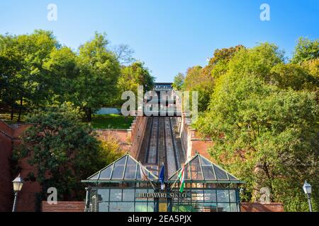 The Budapest Castle Hill Funicular or Budavári Sikló is a funicular railway in the city of Budapest, in Hungary Stock Photo
