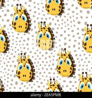Vector flat animals colorful illustration for kids. Seamless pattern with cute giraffe face on white polka dots background. Adorable cartoon character Stock Vector