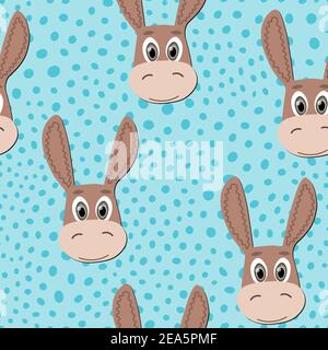 Vector flat animals colorful illustration for kids. Seamless pattern with cute donkey face on blue polka dots ackground. Cartoon adorable character Stock Vector