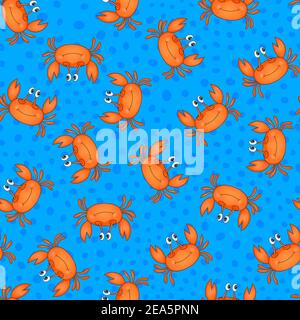 Seamless pattern with cute orange crab on blue background. Vector animals colorful illustration. Adorable character for cards, wallpaper, textile Stock Vector