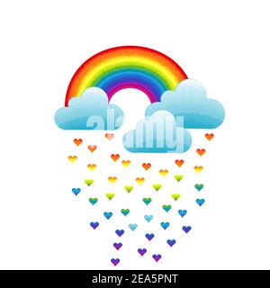 Rainbow, clouds and heart-shaped raindrops Stock Vector