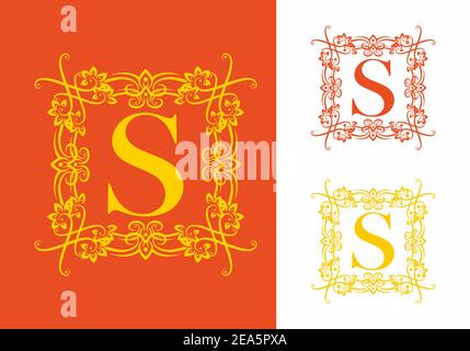 Orange yellow of S initial letter in vintage square frame design Stock Vector