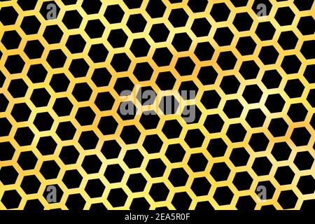 Golden background with honeycomb shapes. Vector illustration. Black pattern with glitter effect. Template texture for invitation, poster, card, banner Stock Vector