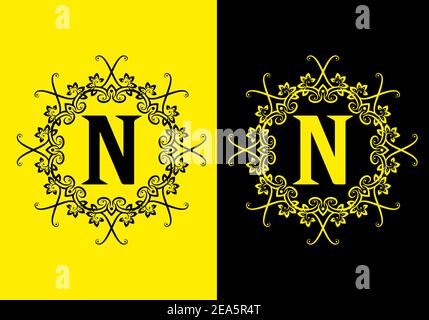 Black yellow of N initial letter in vintage flower frame design Stock Vector