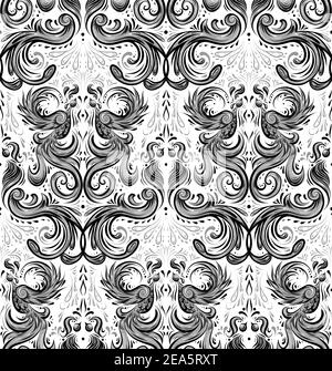 Seamless luxury vintage damask pattern. Animalistic wallpaper with curls, feathers, wings and tail. Natural monochrome texture for wrapping paper, tap Stock Vector