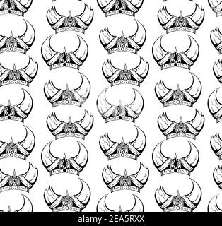 Seamless pattern with the contours of the sketch of the horned viking helmets in a row. Texture with the ammunition of the ancient warriors of the def Stock Vector