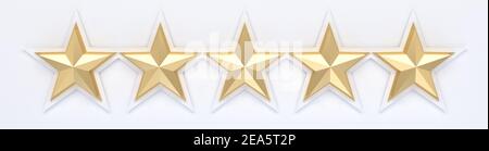 Five stars on the white background. 3d render. Stock Photo