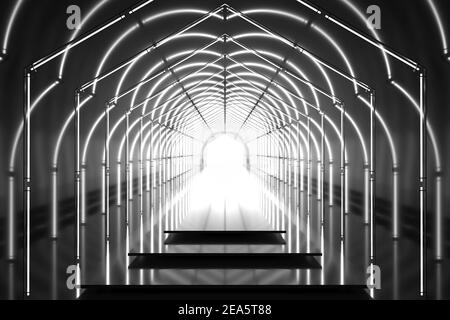 Dark tunnel glossy podium. Abstract background. Light reflection stage. Geometric neon lights. 3D illustration Stock Photo