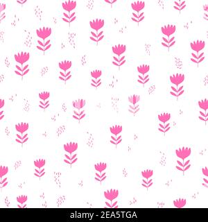Seamless floral pattern based on traditional folk art ornaments. Pink flowers on white background. Scandinavian style. Sweden nordic style. Vector Stock Vector