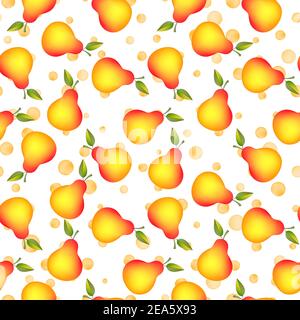 Funny autumn illustration with colorful pears. Seamlees pattern with cute fruits on white polka dots background. Food concept. Template design for Stock Vector