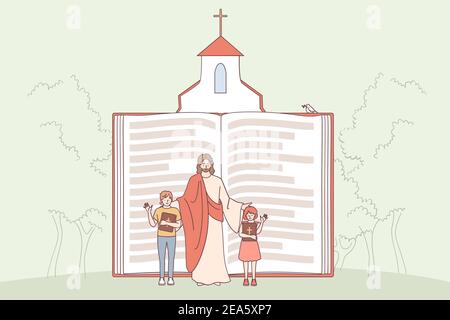 Christianity, religion, bible concept. Huge religious book with Jesus and children characters waving their hands showing importance of religion vector Stock Vector