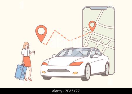 Car sharing, application, online renting concept. Young woman cartoon character with suitcase standing and making order for car sharing on smartphone Stock Vector