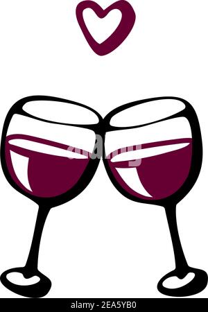 Vector doodle hand drawn sketch black and red illustration of two wine glasses couple love drink on white background. Valentines day postcard Stock Vector