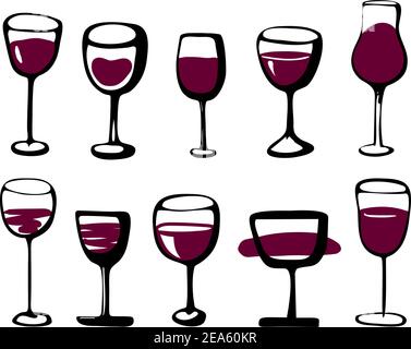 Wine glasses set - collection of sketched doodle wineglasses and glass silhouette. Hand drawn glass with red wine inside, isolated ink vector set Stock Vector