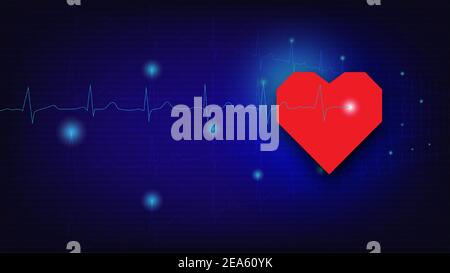 Abstract Heart icon. Valentine's day and healthcare concept and binary code and electrocardiogram on blue background. Illustration vector EPS 10. Stock Vector