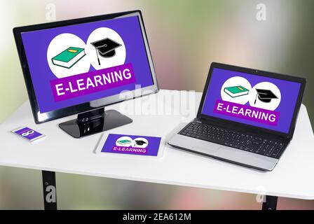 E-learning concept shown on different information technology devices Stock Photo