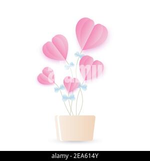 pink flower heart in flower pot isolated on white background, vector EPS 10 Stock Vector