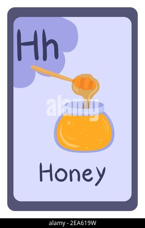 Abc food education flash card, Letter H - honey. Cartoon design template with colorful alphabet education card. Stock Vector