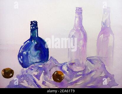 Art  watercolor ,painting ,Fine art ,Bottle  ,fabric Stock Photo