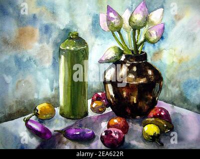 Art  watercolor ,painting ,Fine art ,Bottle  ,fabric Stock Photo