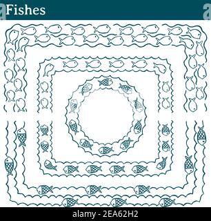 4 different vector brushes with fish swimming in the sea. All brushes include outer and inner corner tiles. Stock Vector