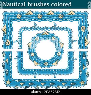 4 different vector brushes with elements related to the sea. All brushes include outer and inner corner tiles. Stock Vector