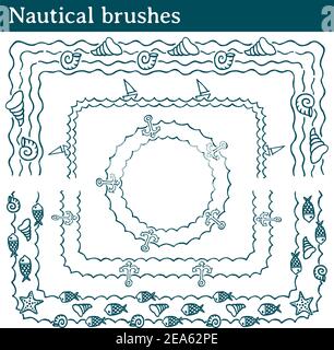4 different vector brushes with elements related to the sea. All brushes include outer and inner corner tiles. Stock Vector